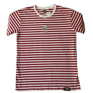 Bullies Men Shirt M Red White Bulldog Head Embroidery Striped Short Sleeve
